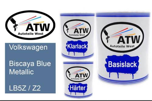 Volkswagen, Biscaya Blue Metallic, LB5Z / Z2: 1L Lackdose + 1L Klarlack + 500ml Härter - Set, von ATW Autoteile West.